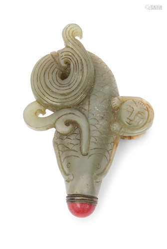 Chinese jade flask modelled with a boy on a carp with red button stopper, 11cm long