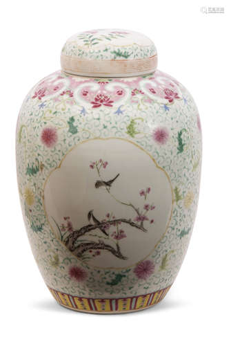 Large Chinese ginger jar and cover in famille rose decoration with a panel with two birds on a