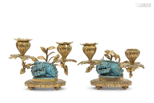 Pair of Chinese gilt metal candlesticks, both with turquoise glazed dragons, late 19th century, both