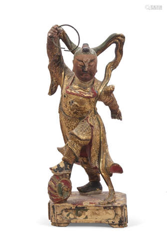 Interesting wooden Chinese figure of a warrior with painted gilt decoration with Chinese inscription