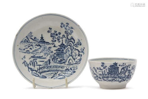 Lowestoft porcelain tea bowl and saucer with a rare chinoiserie print of a man on a bridge, Note: