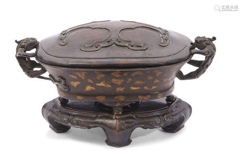 Chinese bronze gold or gilt splashed censer with Chilong handles, 18th/19th century, the oval body