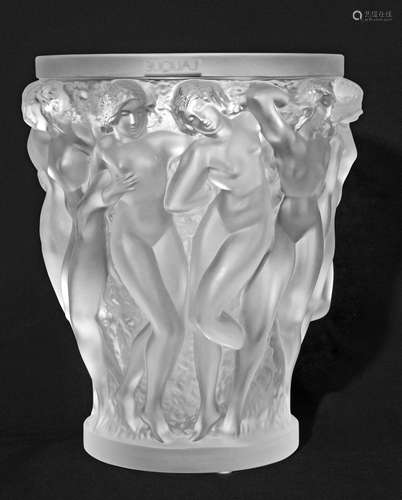 Modern issue Lalique Bacchantes vase of footed cylindrical form, relief moulded with a frieze of