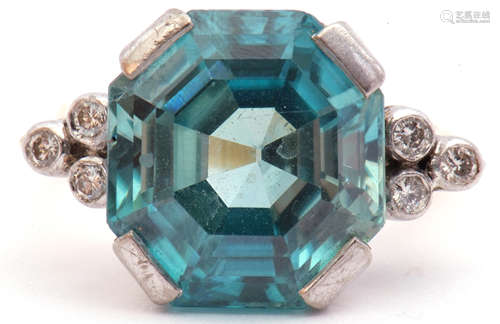 Mid 20th century zircon and diamond dress ring, the octagonal zircon bar claw set with each shoulder