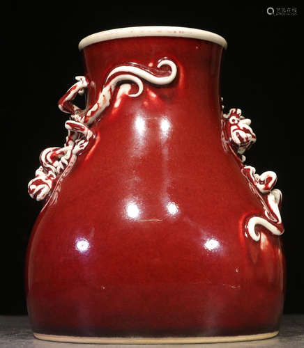 QIANLONG MARK, CHINESE RED GLAZED DRAGON VASE