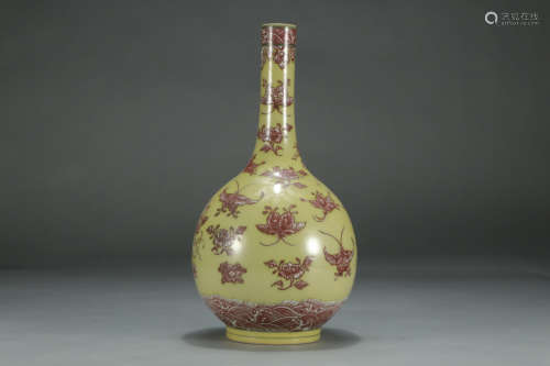 QIANLONG MARK, CHINESE YELLOW GLAZED RED COLORED VASE