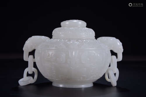 CHINESE CARVED HETIAN JADE CENSER W/. COVER