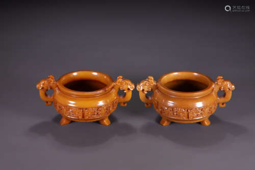 PAIR OF CHINESE CARVED JADE CENSER