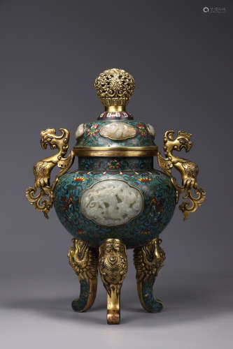 QIANLONG MARK, CHINESE CLOISONNIE DECORATED W/ HETIAN JADE CENSER