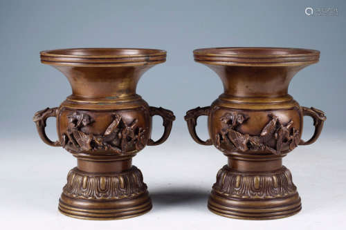 PAIR OF CHINESE CARVED BRONZE VASE
