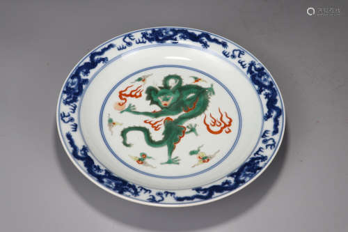 YONGZHENG MARK, CHINESE BLUE & WHITE DOUCAI PLATE