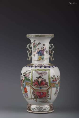 Overseas Backflow: Double-handled Vase with Famille Rose Design of Children Playing  ,Qing Dynasty, During Qianlong Reign