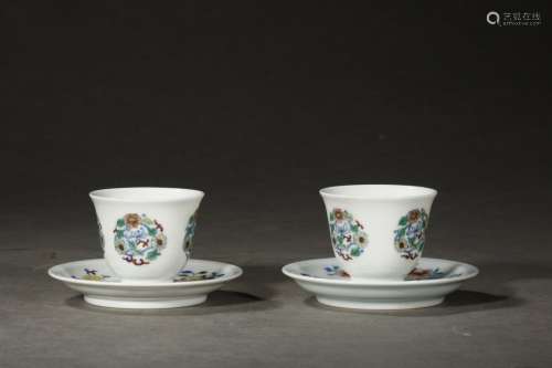 Pair Of Chinese Porcelain Doucai Cups With Trays