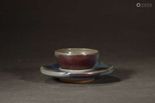 A Chinese Porcelain Jun Kiln Tea Cup With Tray