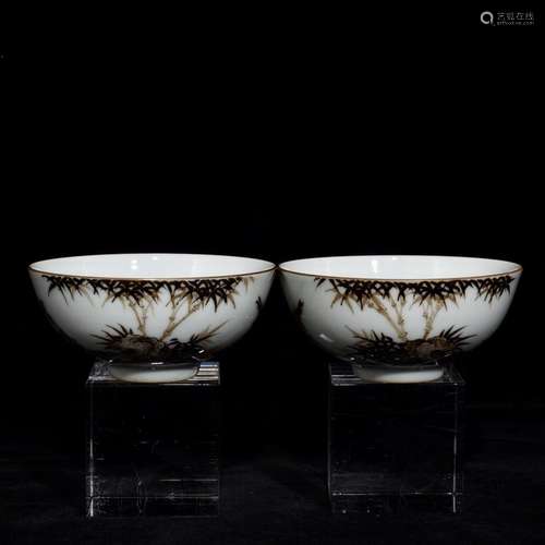 Pair Of Chinese Porcelain Ink Painted Cups