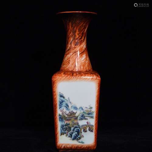 A Chinese Porcelain Wood-Glazed Famille Rose Square Vase