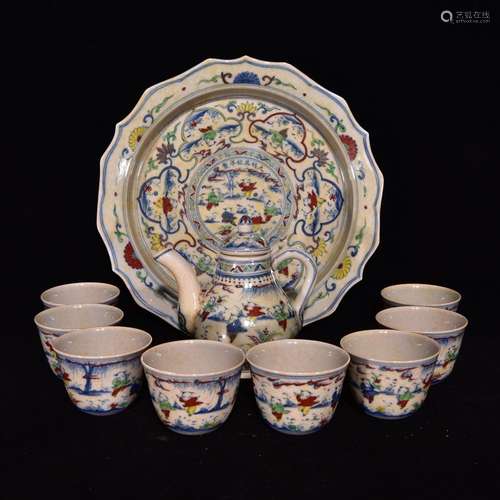 Set Of Chinese Doucai Tea Cups&Pot