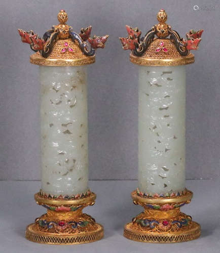 PAIR OF HETIAN JADE INCENSE HOLDER EMBEDDED WITH GILT SILVER