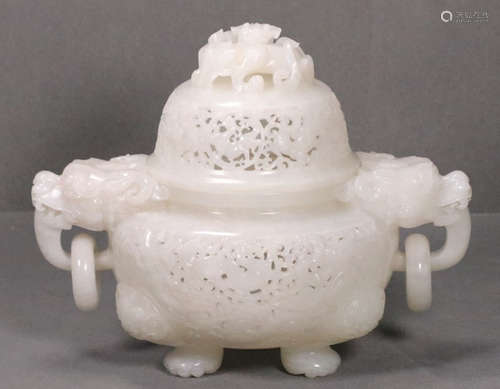 A HETIAN JADE CENSER HOLLOW CARVED WITH BEAST EARS