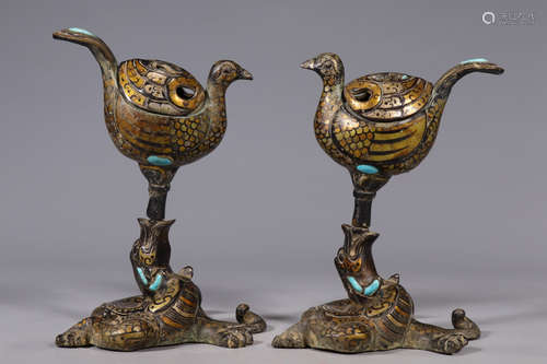 PAIR OF COPPER CENSER SHAPED WITH BIRD