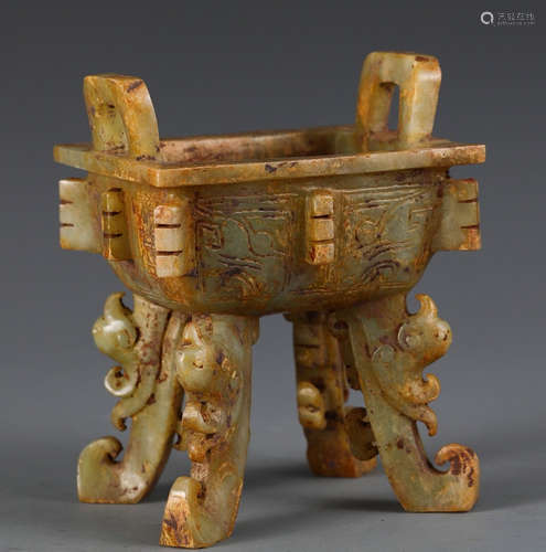 AN ANTIQUE JADE CENSER WITH BEAST FEET