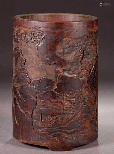 A BAMBOO BRUSH POT CARVED WITH STORY