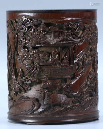 A BAMBOO BRUSH POT CARVED WITH STORY