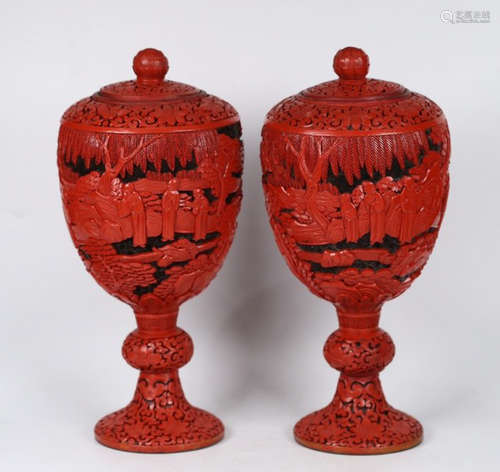 PAIR OF RED LACQUER VASE CARVED WITH STORY