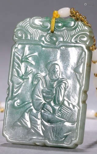 A JADEITE TABLET CARVED WITH FIGURE