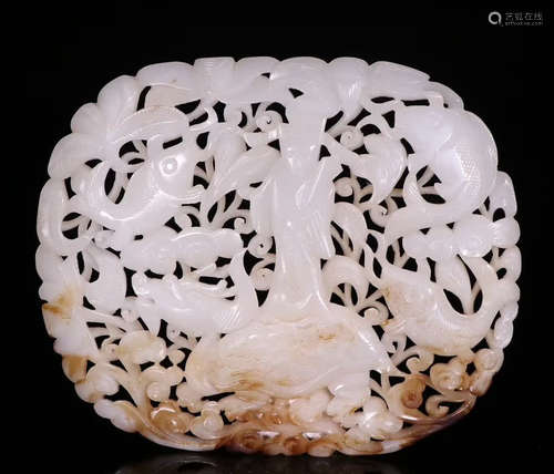 A HETIAN JADE PENDANT HOLLOW CARVED WITH FISH&FIGURE