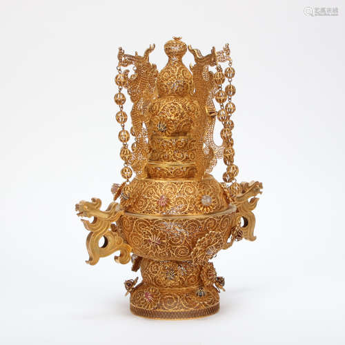 SILVER GILT FILIGREE INCENSE BURNER IN QING DYNASTY, CHINA