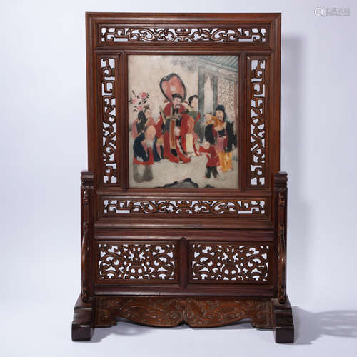 CHINESE HUANGHUALI INLAID PORCELAIN PANEL SCREEN