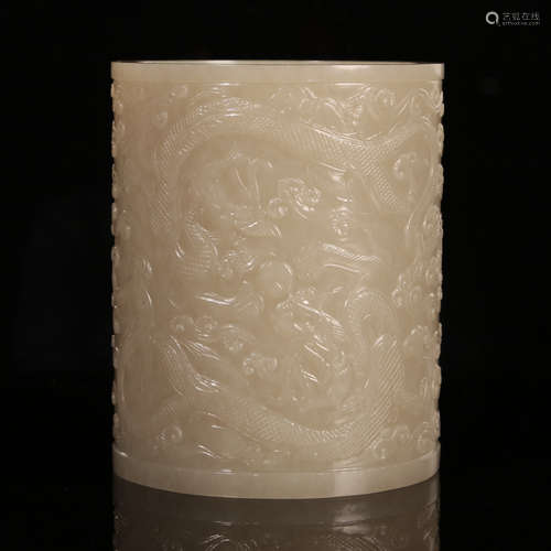 CHINESE HETIAN JADE DRAGON PATTERN PEN HOLDER