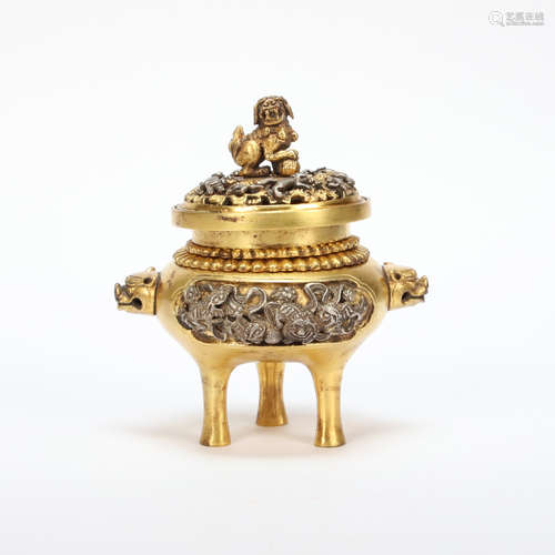 CHINESE GILT BRONZE INLAID SILVER INCENSE BURNER