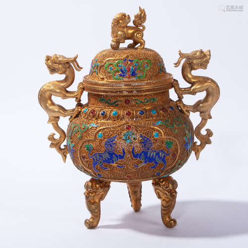 SILVER GILT FILIGREE INCENSE BURNER INLAID WITH GEMSTONE, CHINA