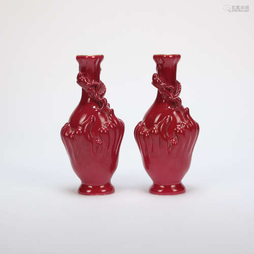 A PAIR OF  CHINESE RED-GLAZED DRAGON VASES