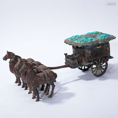 CHINESE BRONZE GOLD AND SILVER HORSE DRAWN CARRIAGE