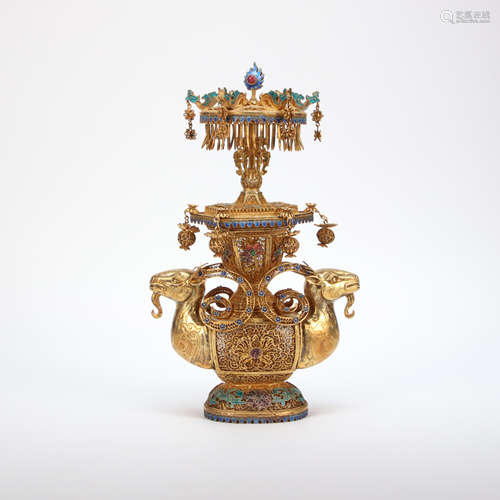 CHINESE SILVER GILT FILIGREE INLAID GEM DOUBLE SHEEP STATUE