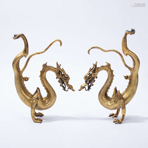 A PAIR OF  CHINESE GILT BRONZE DRAGONS