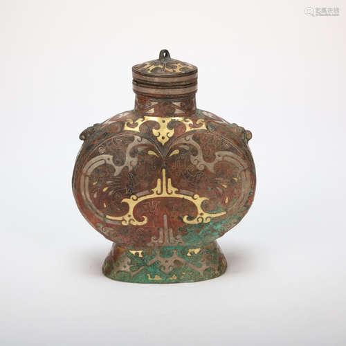 CHINESE BRONZE FLAT POT WITH GOLD AND SILVER