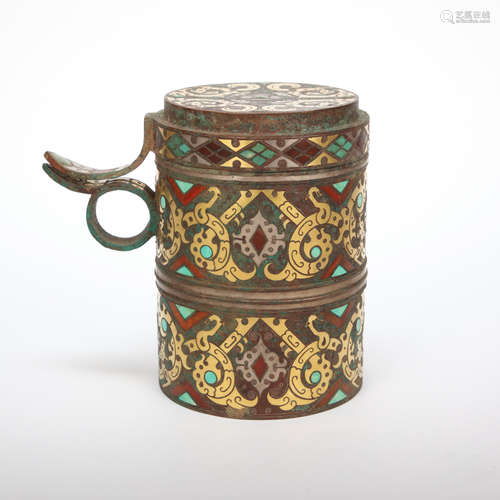 CHINESE BRONZE INLAID GOLD AND SILVER CUP WITH PRECIOUS STONES