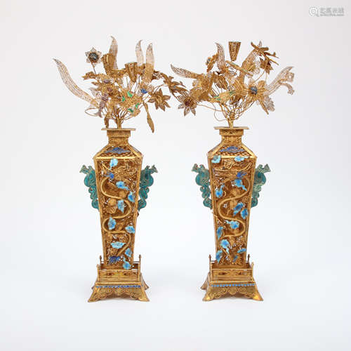 A PAIR OF  CHINESE SILVER GILT FILIGREE VASES