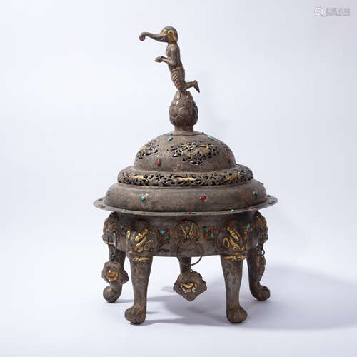 CHINESE SILVER GILT INCENSE BURNER