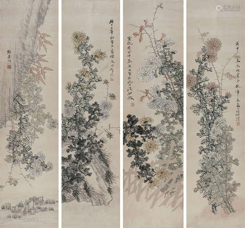 陈友石 菊花四屏 设色纸本立轴