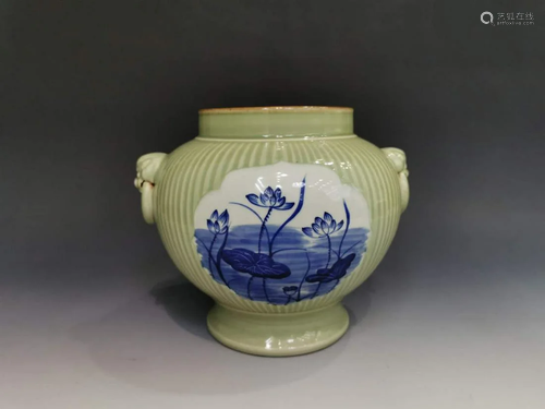 a chinese celadon glazed blue and white jar