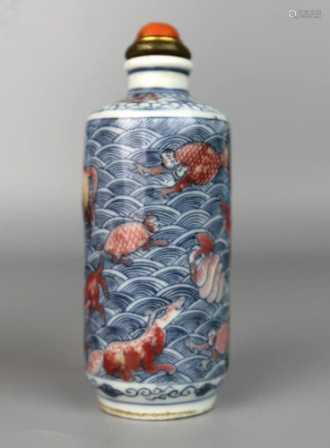 a chiense blue and white copper red snuff bottle