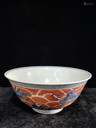 a chinese blue and white iron red bowl