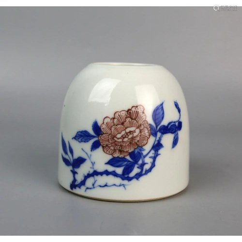 a chinese blue and white copper red water pot Kang Xi