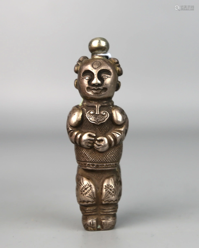 a chinese silver snuff bottle in the shape of a child