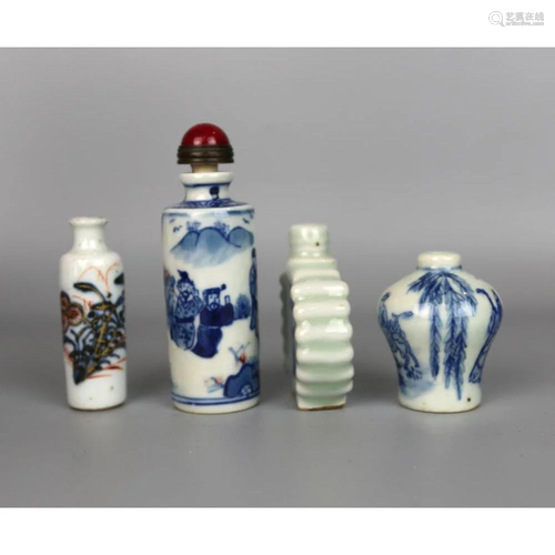 four chinese blue and white snuff bottles